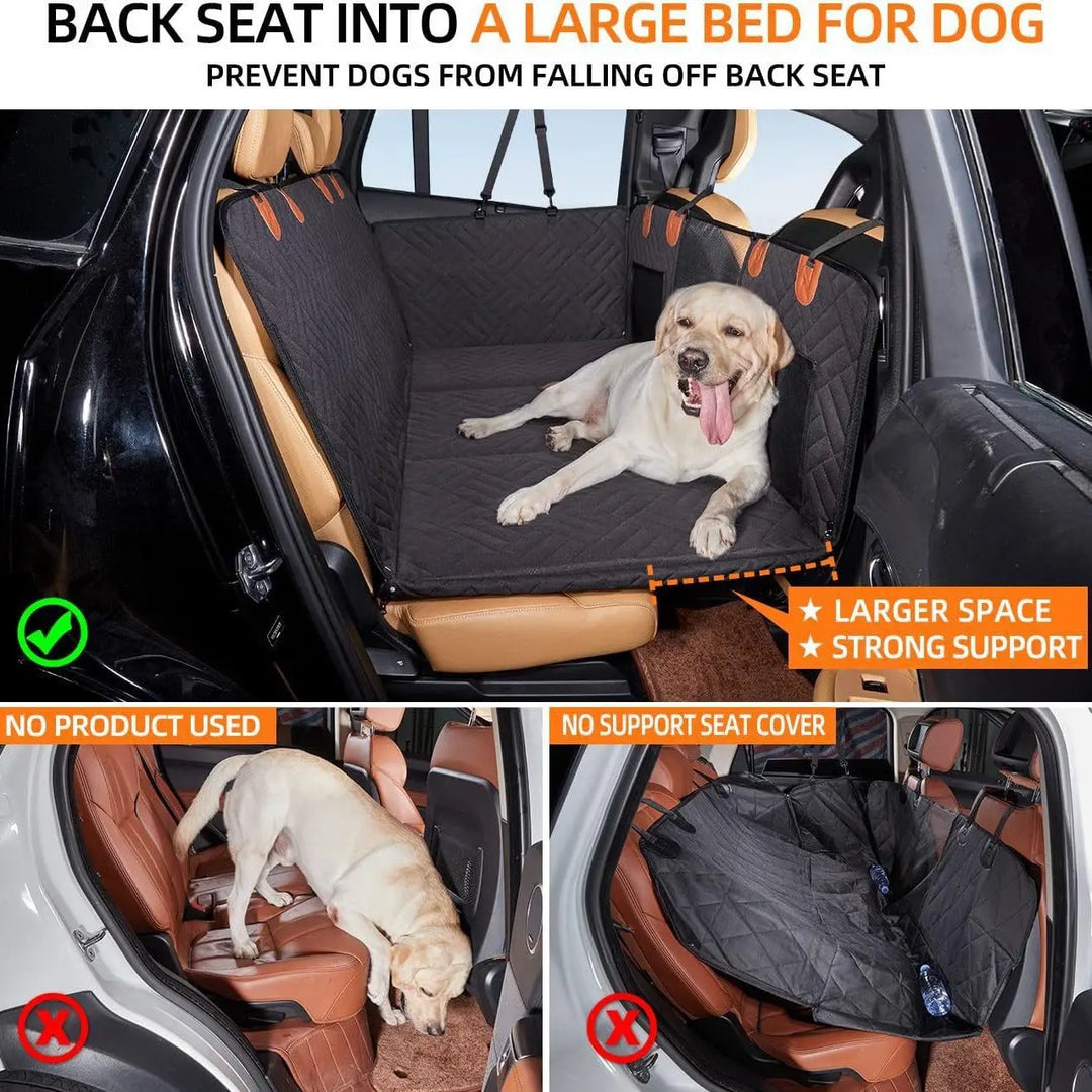 Hard-bottom dog car hammock that converts the back seat into a large, comfortable bed for dogs during travel