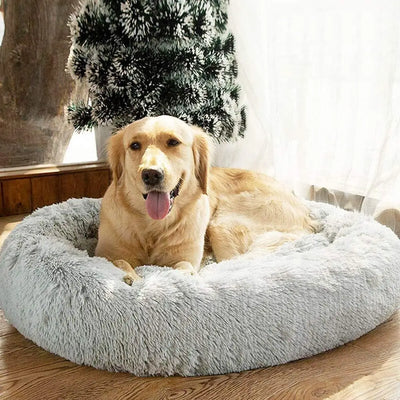 Light gray plush pet bed designed to reduce anxiety