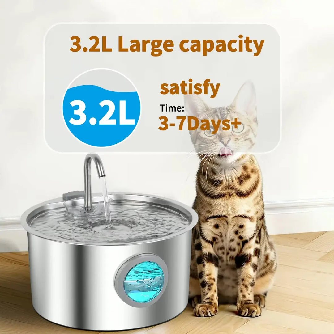 Stainless steel pet water fountain with 3.2L capacity for long-lasting fresh water supply