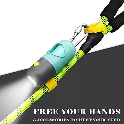 Hands-free dog poop bag dispenser with clip and LED illumination.

