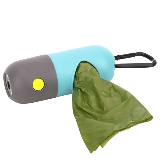 Compact poop bag dispenser with LED light for added visibility.

