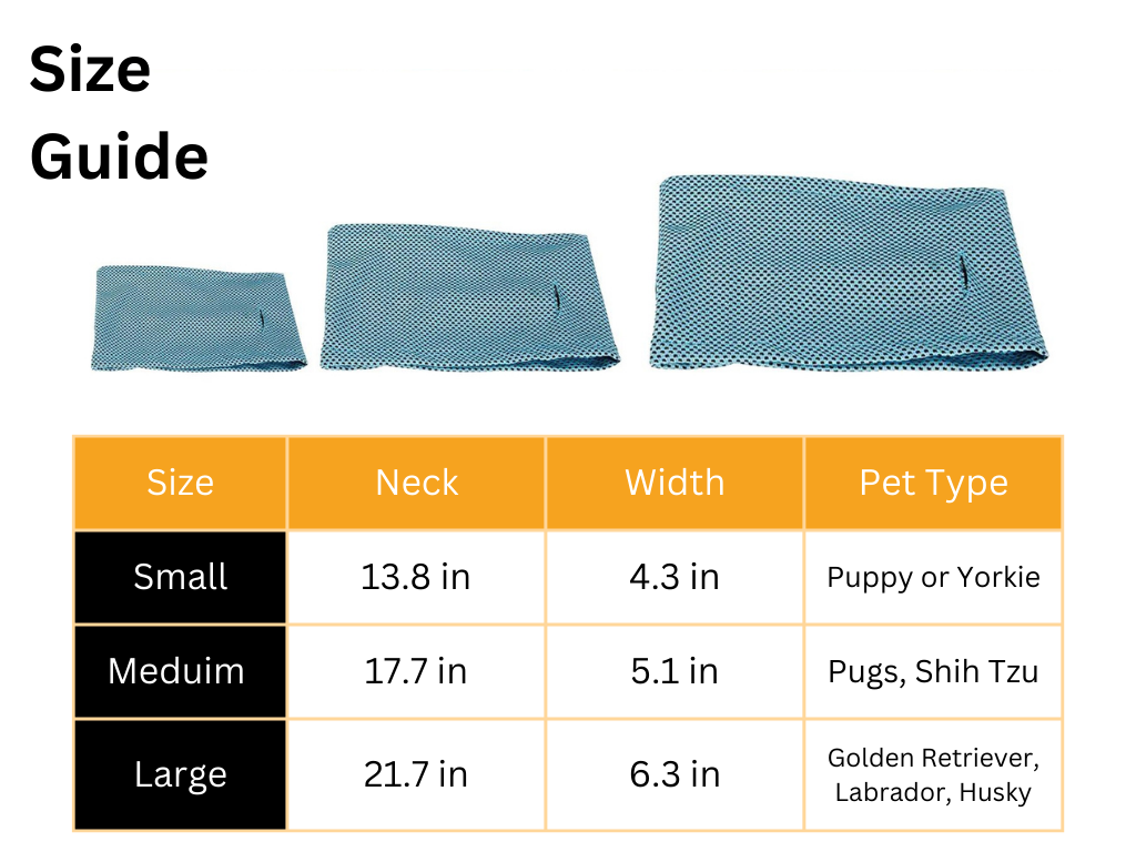 CoolPaws Pet Bandana with size guide, perfect fit for dogs and cats.
