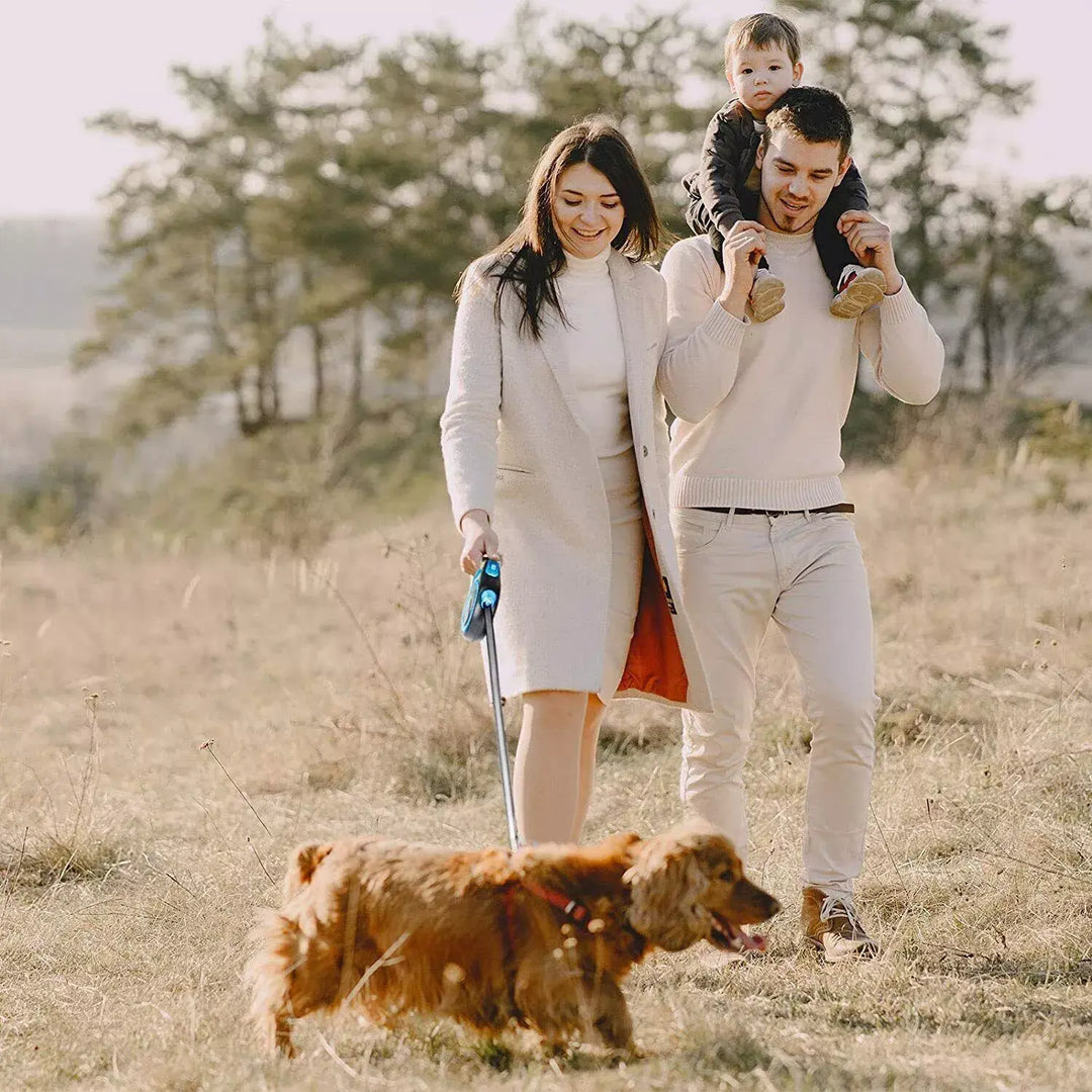 Automatic retractable dog leash with ergonomic grip and durable nylon cord.

