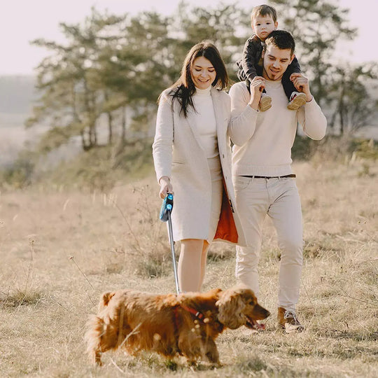 Automatic retractable dog leash with ergonomic grip and durable nylon cord.

