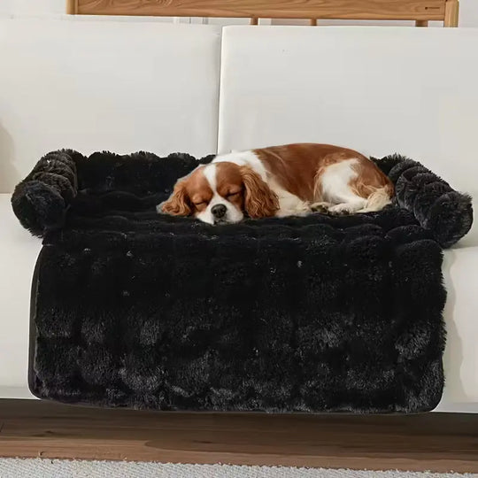 Plush black dog sofa bed with soft cushioning and cozy design for pets