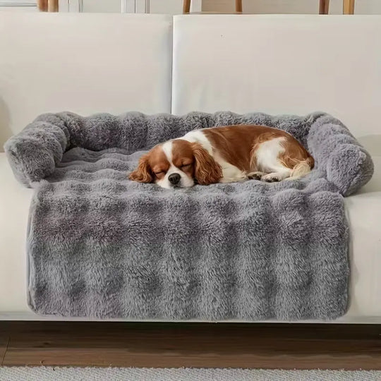 Plush dark gray dog sofa bed with soft cushioning and cozy design for pets