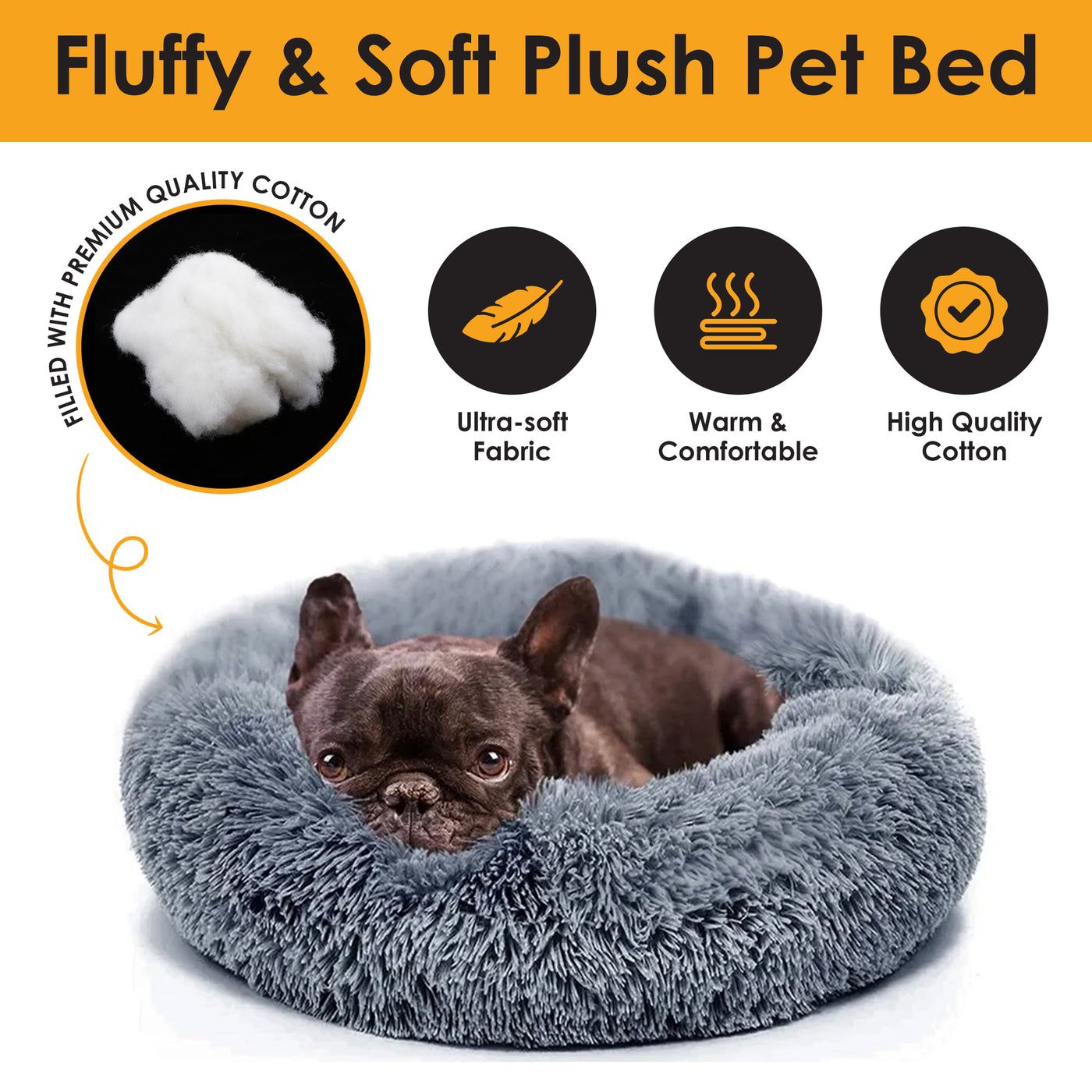 Dark gray anti-anxiety calming dog bed in a donut shape