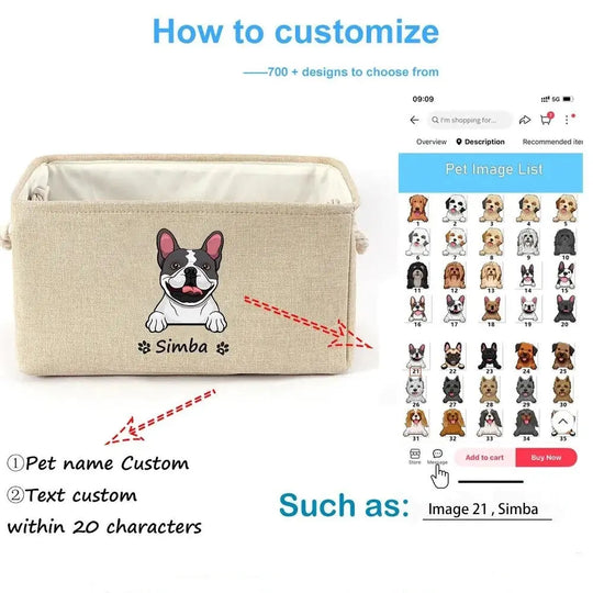 Custom toy basket with your pet’s name.