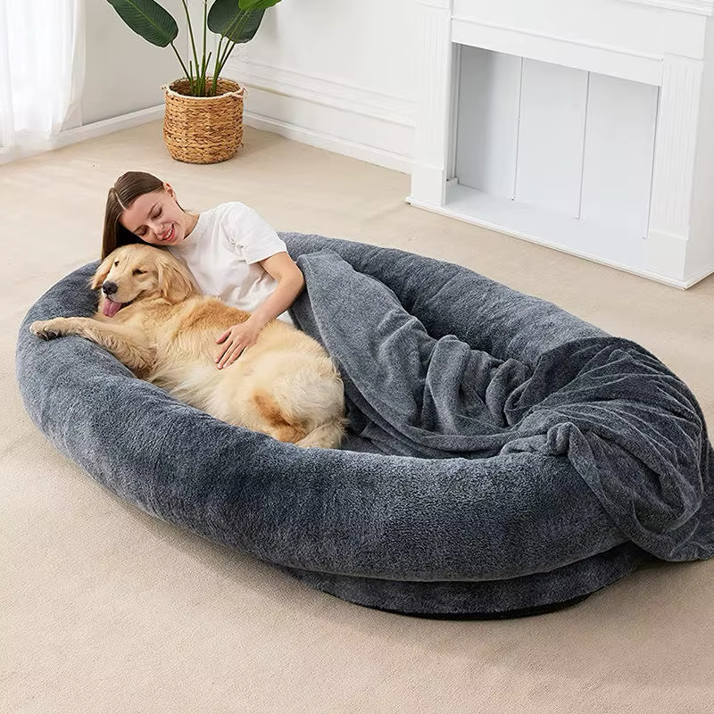 dark grey human pet bed with person and dog relaxing together, pet comfort, dos bed