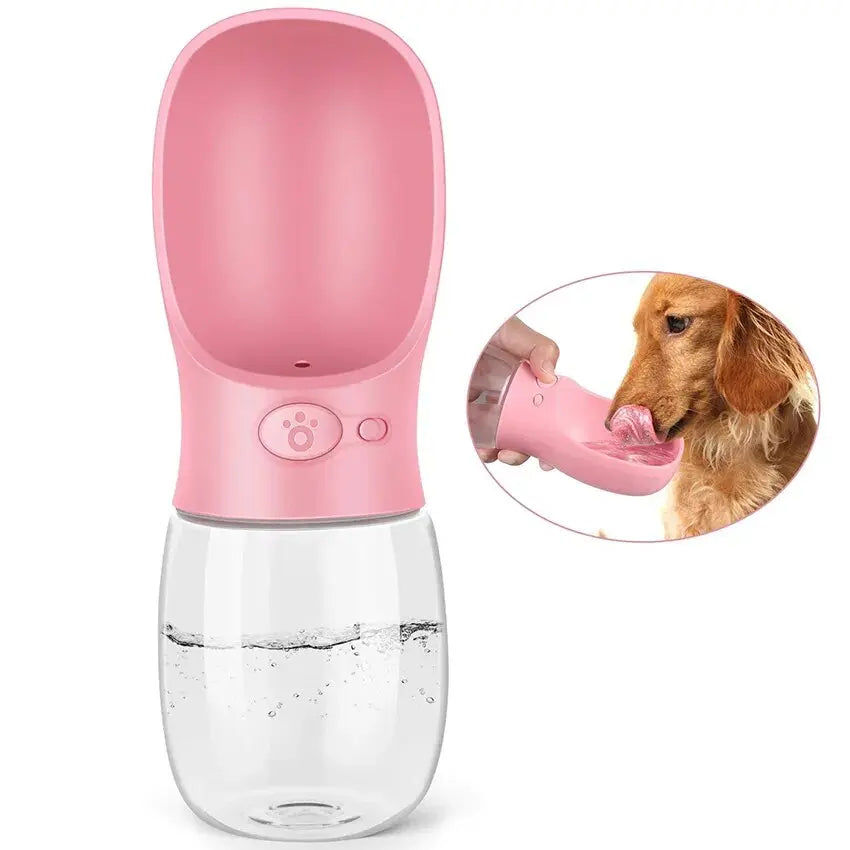 Dog drinking water from pink travel bottle