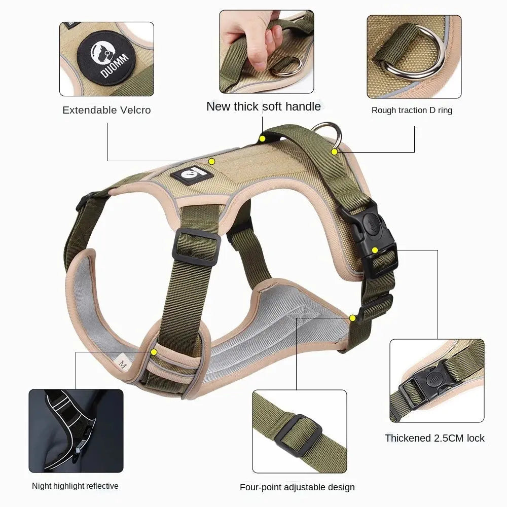 Dog harness with reflective strips for added safety.
