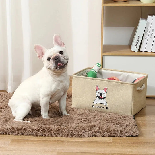 Neat and cute dog toy storage solution.