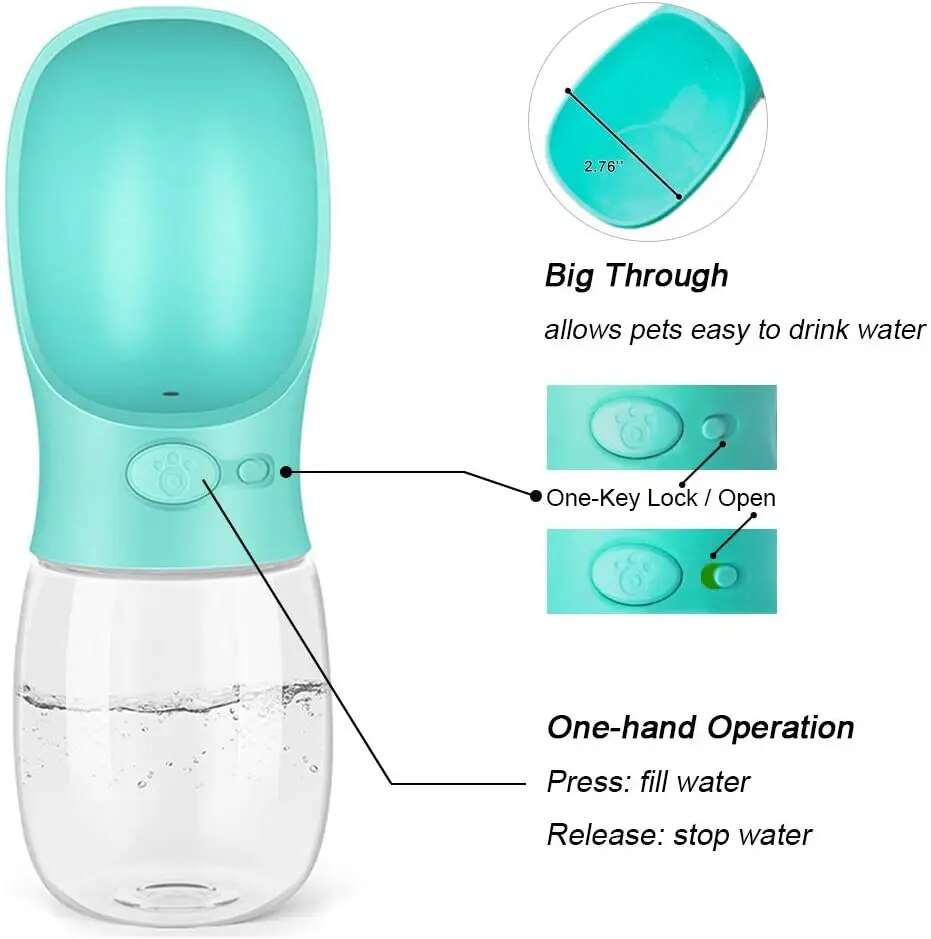 Dog using green travel water bottle on walk