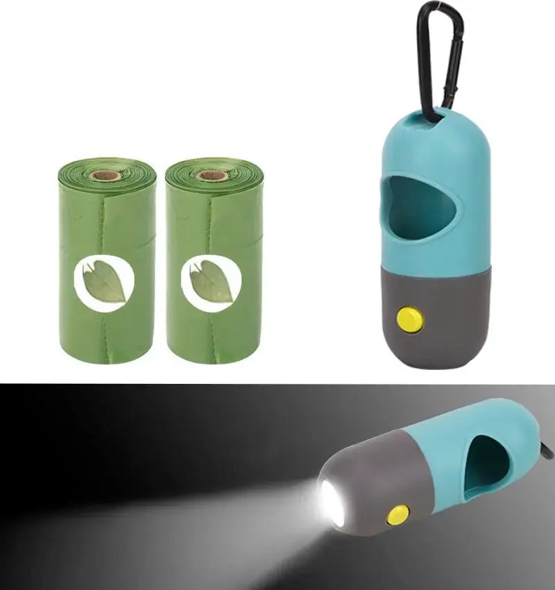 Dog poop bag dispenser with built-in LED light for night walks.

