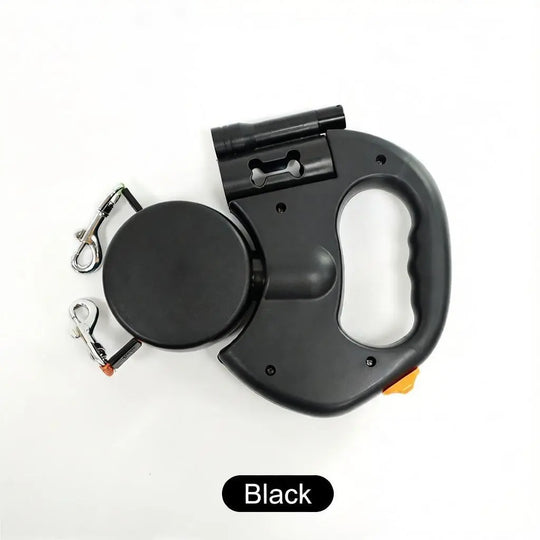 Retractable dual dog leash in black, ideal for walking two dogs safely

