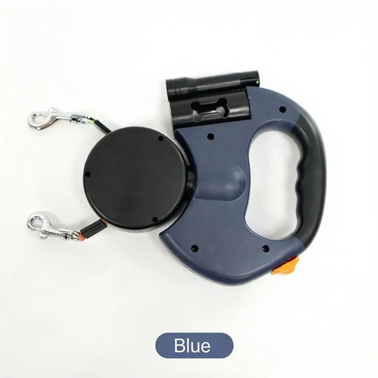 Retractable dual dog leash in blue, perfect for walking two dogs comfortably