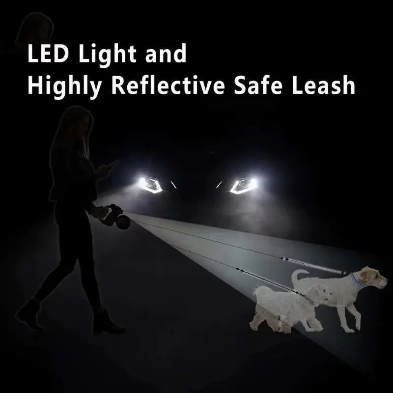 Retractable dual dog leash with reflective design for safe nighttime walks