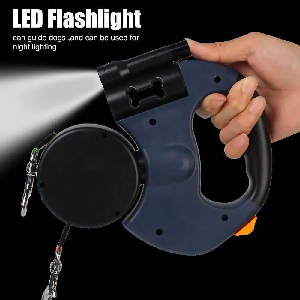 Retractable dual dog leash with built-in LED flashlight for safe evening and night walks