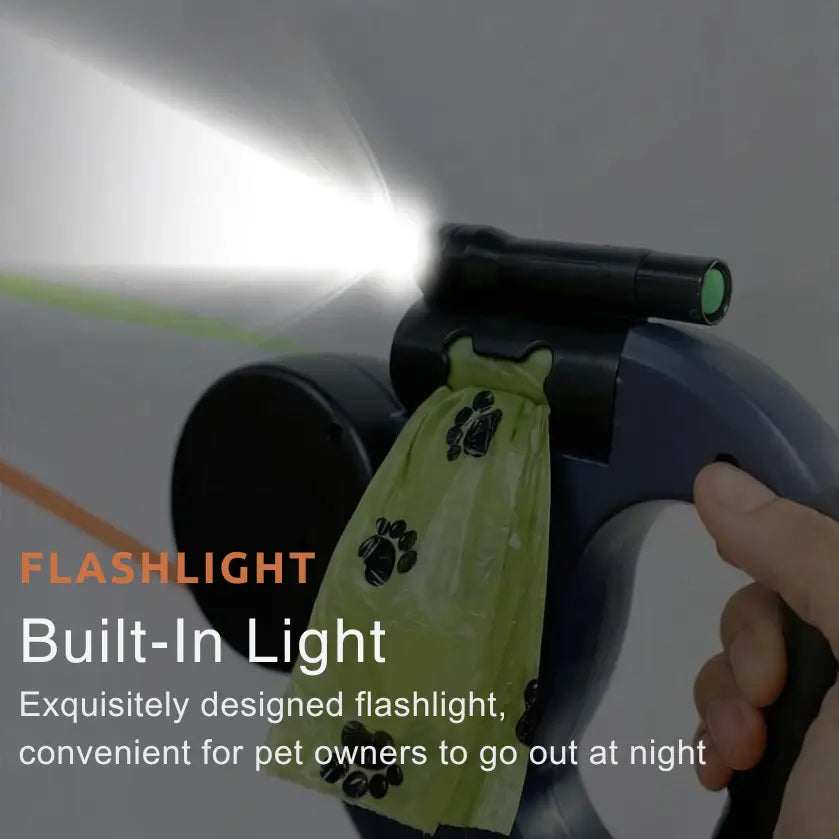 Retractable dual dog leash with built-in LED flashlight for safe night walks