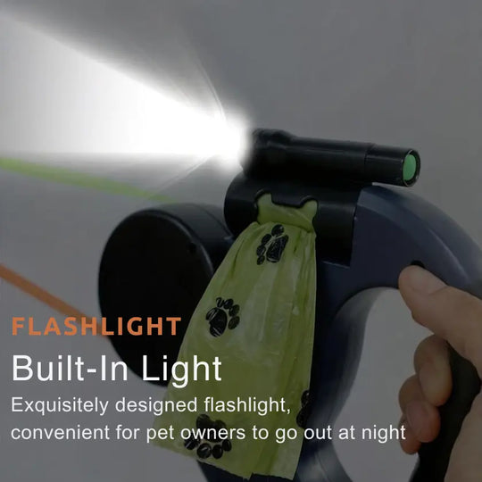 Retractable dual dog leash with built-in LED flashlight for safe night walks