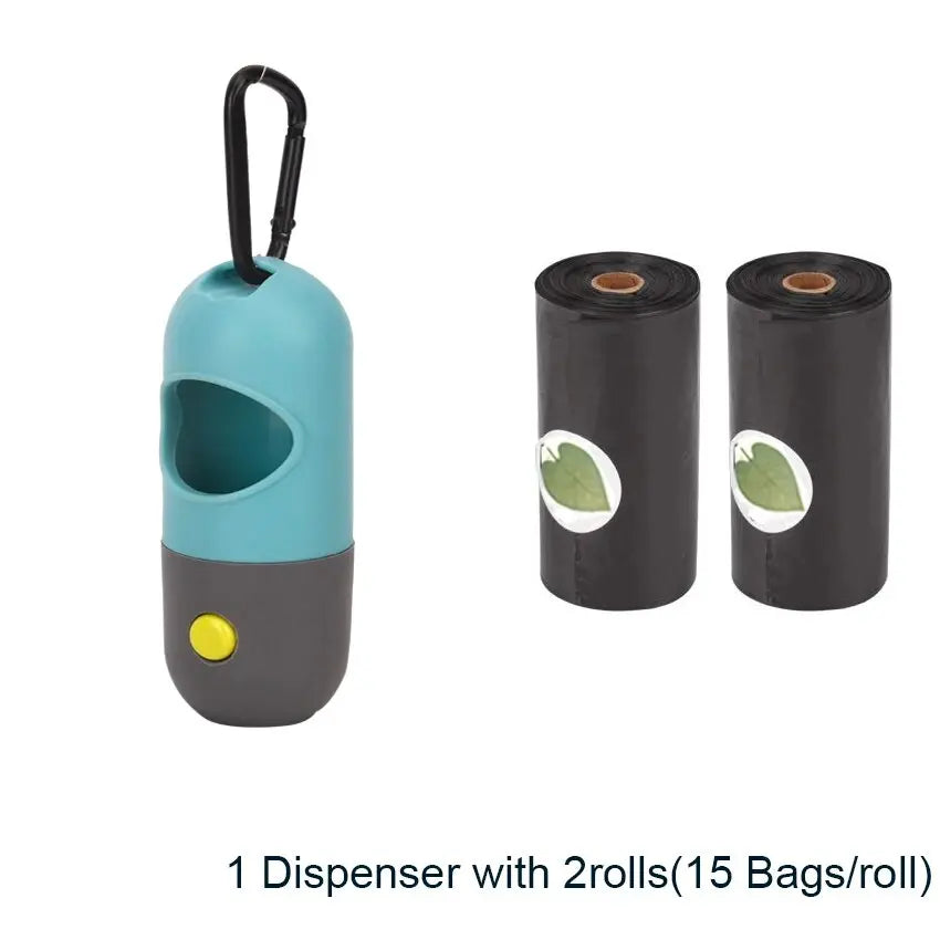 Easy-carry dog waste bag dispenser with bright LED light for dark areas.


