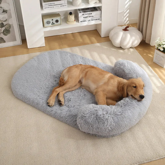 Light gray plush dog mat providing soft and cozy comfort for pets