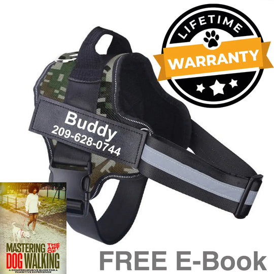 Green camo dog harness.








