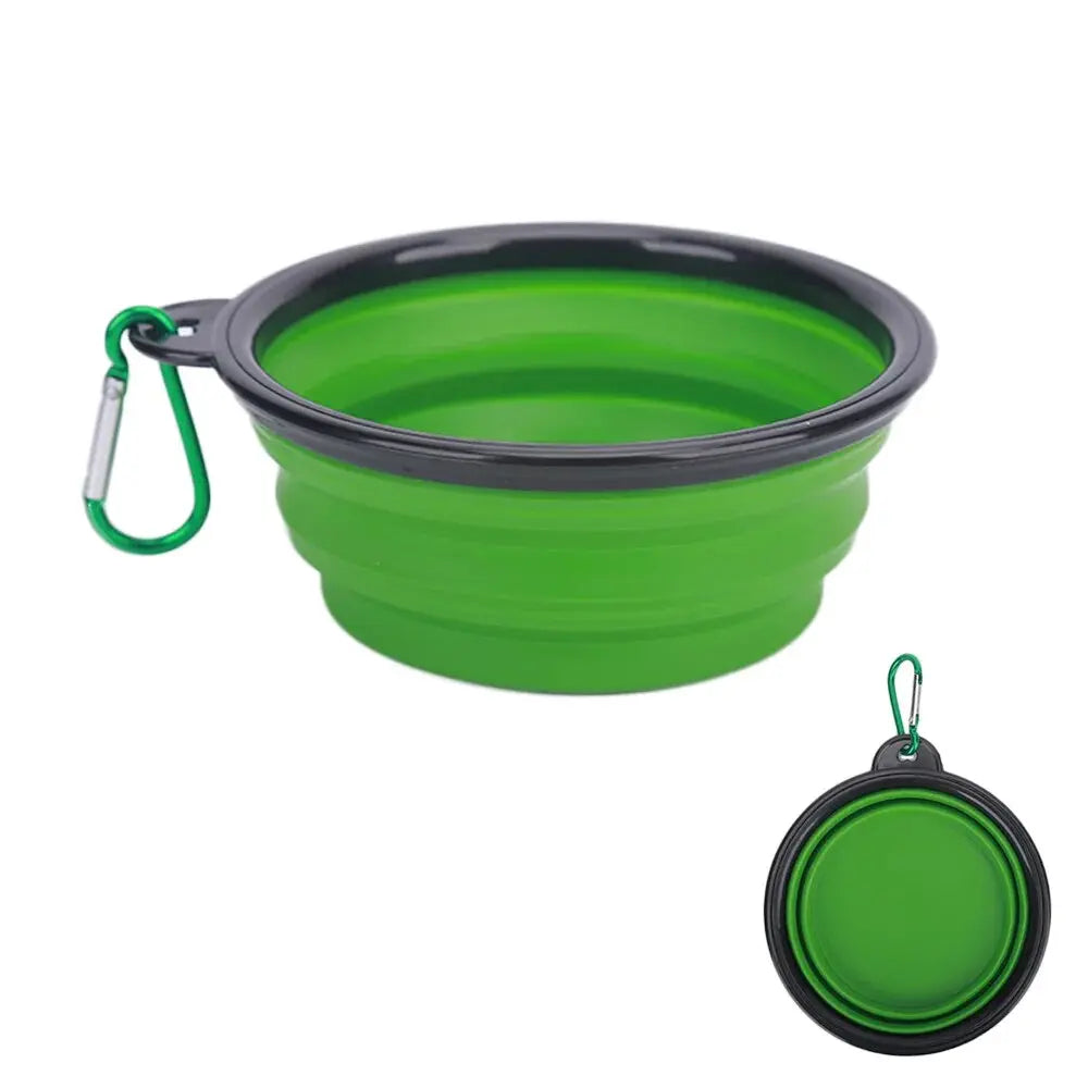 Travel pet bowl with hook for bags
