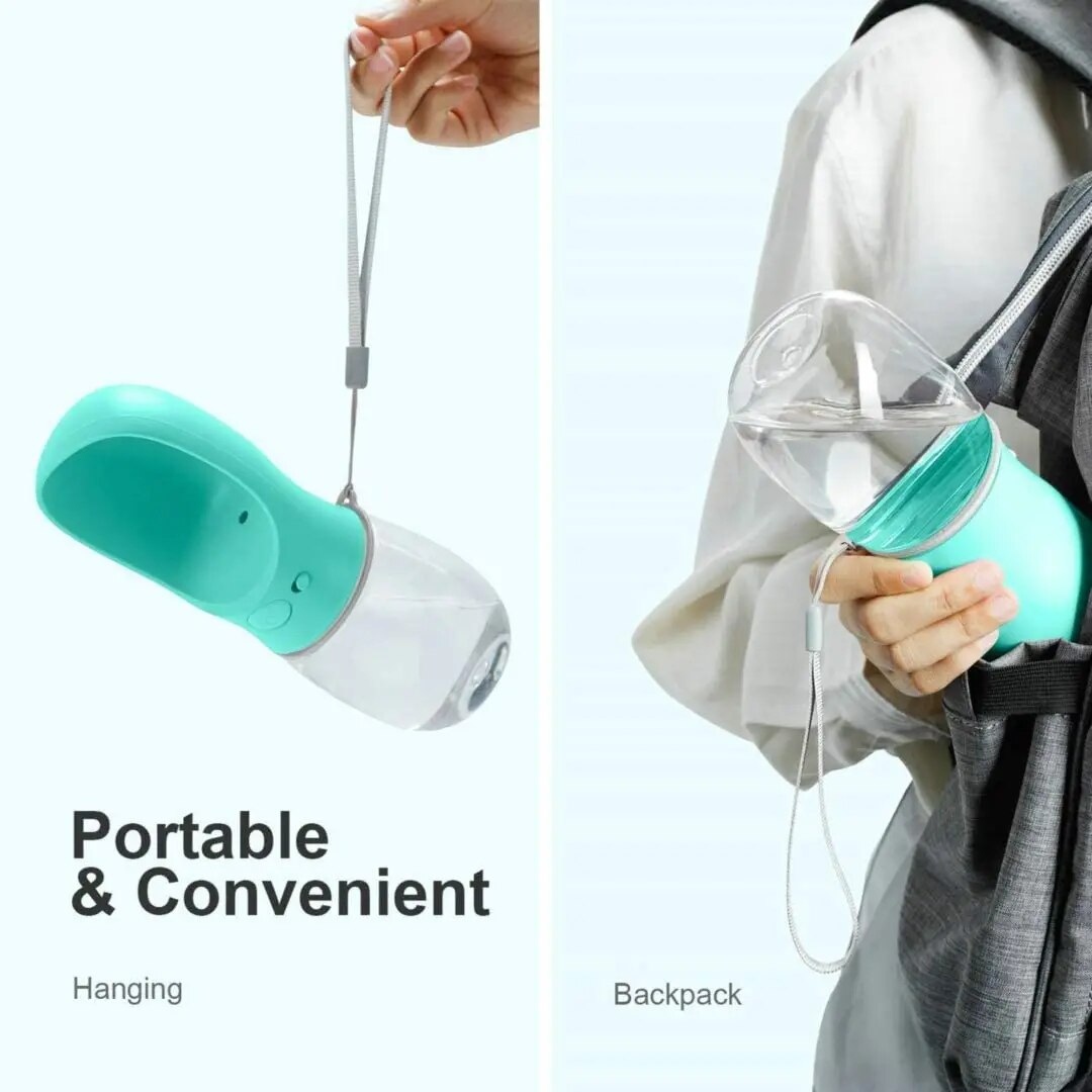 Handheld green dog water bottle in use
