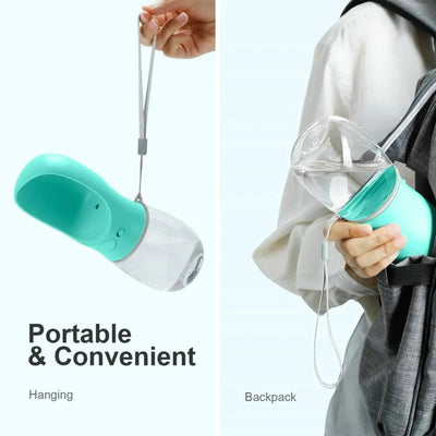 Handheld green dog water bottle in use