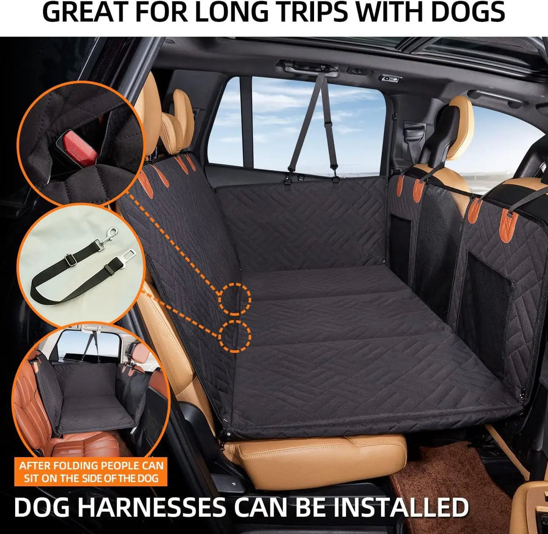 Hard-bottom car hammock for dogs, ideal for long trips with stable base support