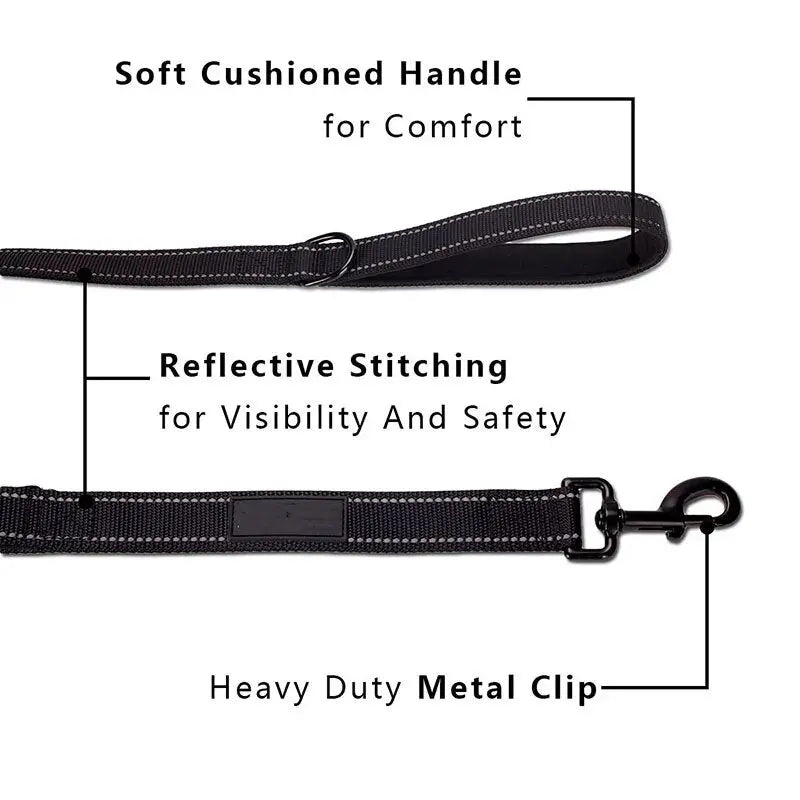 Heavy duty leash with front traffic handle for quick restraint.

