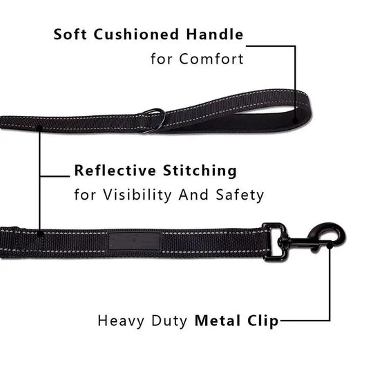 Heavy duty leash with front traffic handle for quick restraint.

