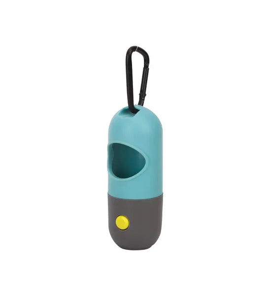 LED light-equipped dispenser for dog waste bags with carabiner clip.

