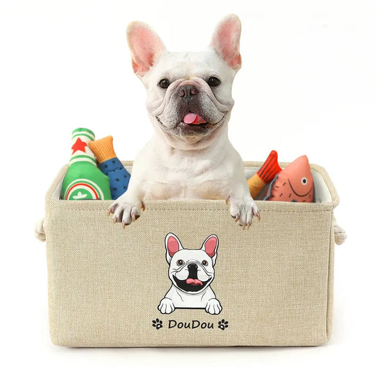 Personalized pet toy basket for organized pet storage