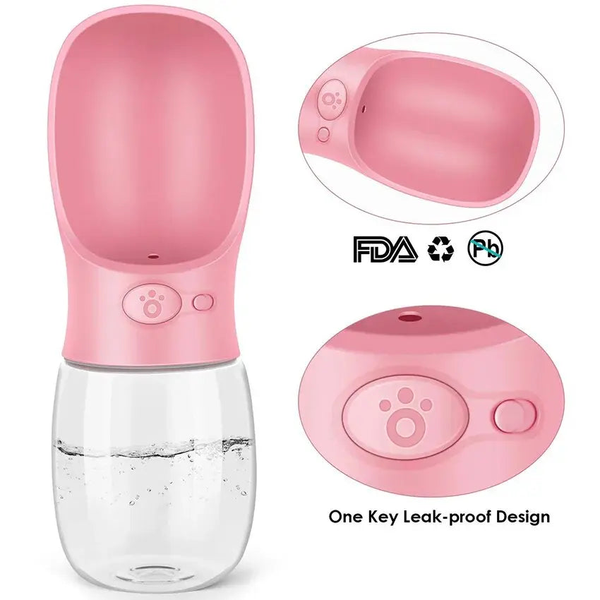 Pink pet hydration bottle for thirsty dogs