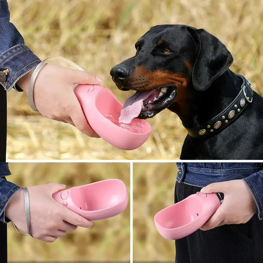 Pink portable dog water bottle for outdoor use