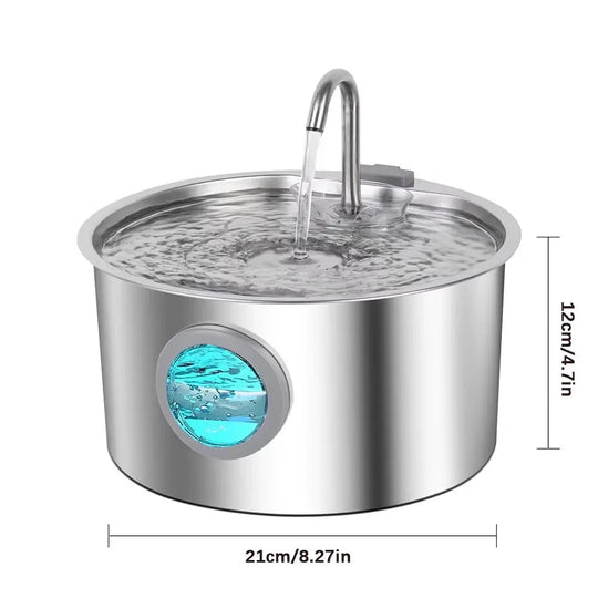 Stainless steel pet water fountain with compact design and ideal dimensions for home use