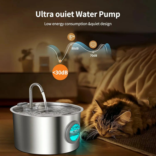 Quiet stainless steel pet water fountain designed for noiseless operation during nighttime