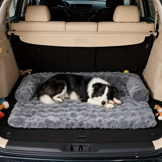 Convertible dog sofa bed designed to fit in car trunks for comfortable travel
