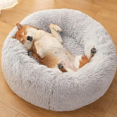 Light gray plush pet bed designed to reduce anxiety