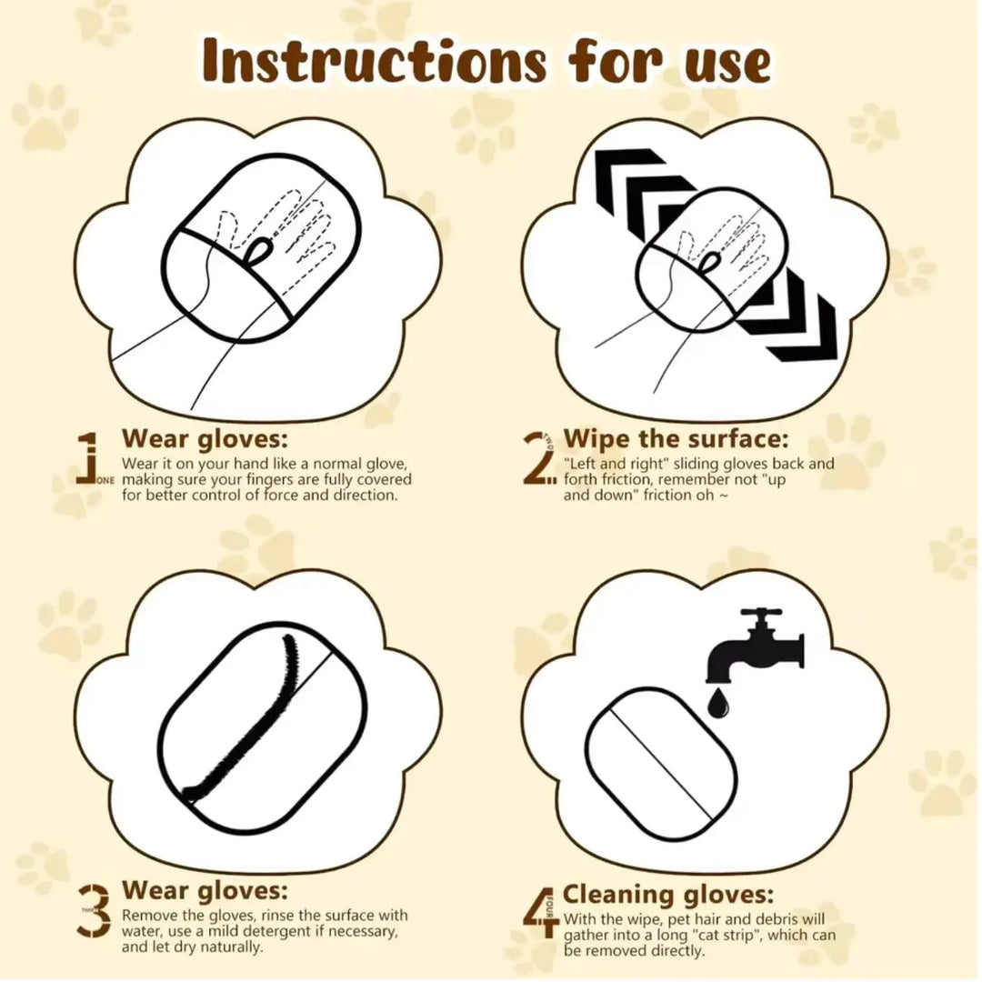 Pet grooming glove with usage instructions for effective hair removal and gentle massage