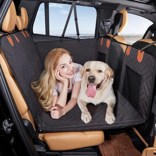 Hard-bottom car hammock for dogs with sturdy support base for safer, stress-free travel