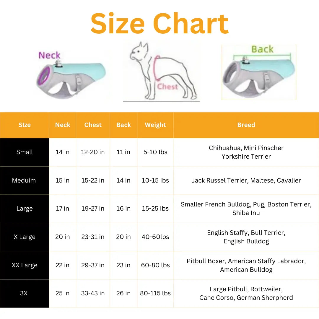 Summer Dog Cooling Vest with size chart for the perfect fit.