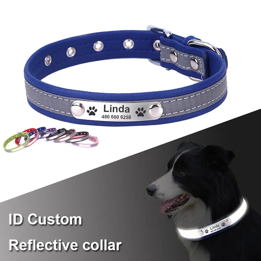 Stylish leather collar with reflective stitching and engraved name.

