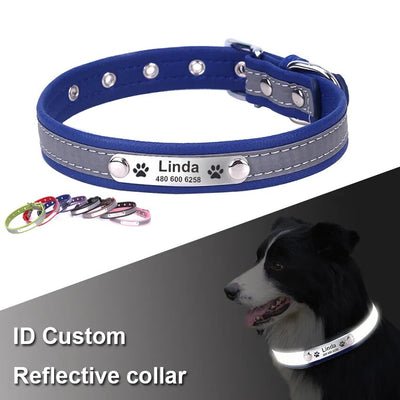 Stylish leather collar with reflective stitching and engraved name.

