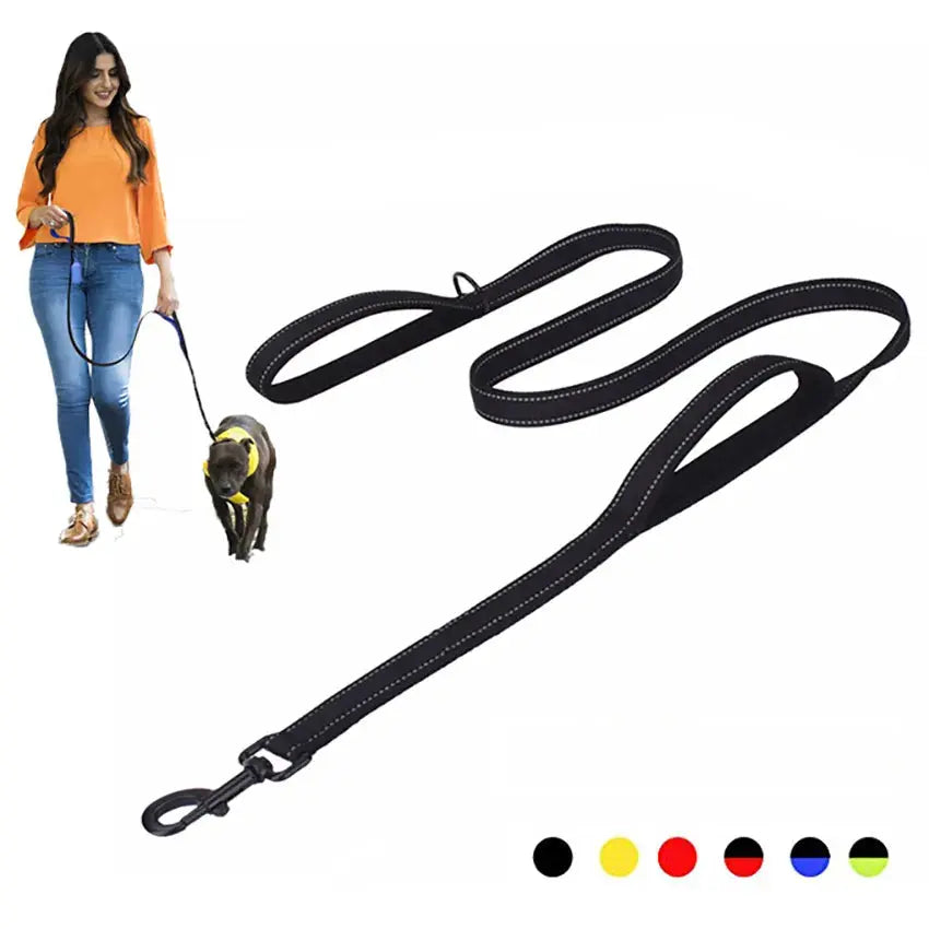 Heavy duty double handle dog leash for better control during walks.

