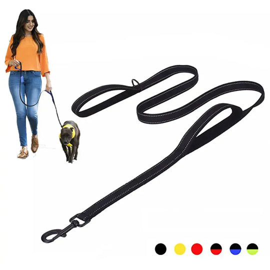 Heavy duty double handle dog leash for better control during walks.

