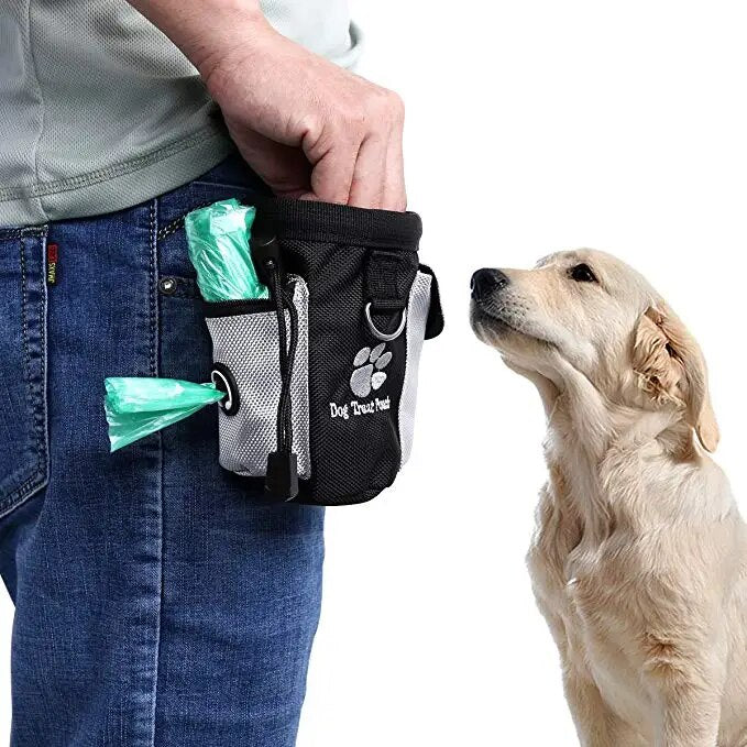 Dog treat pouch with clip and drawstring

