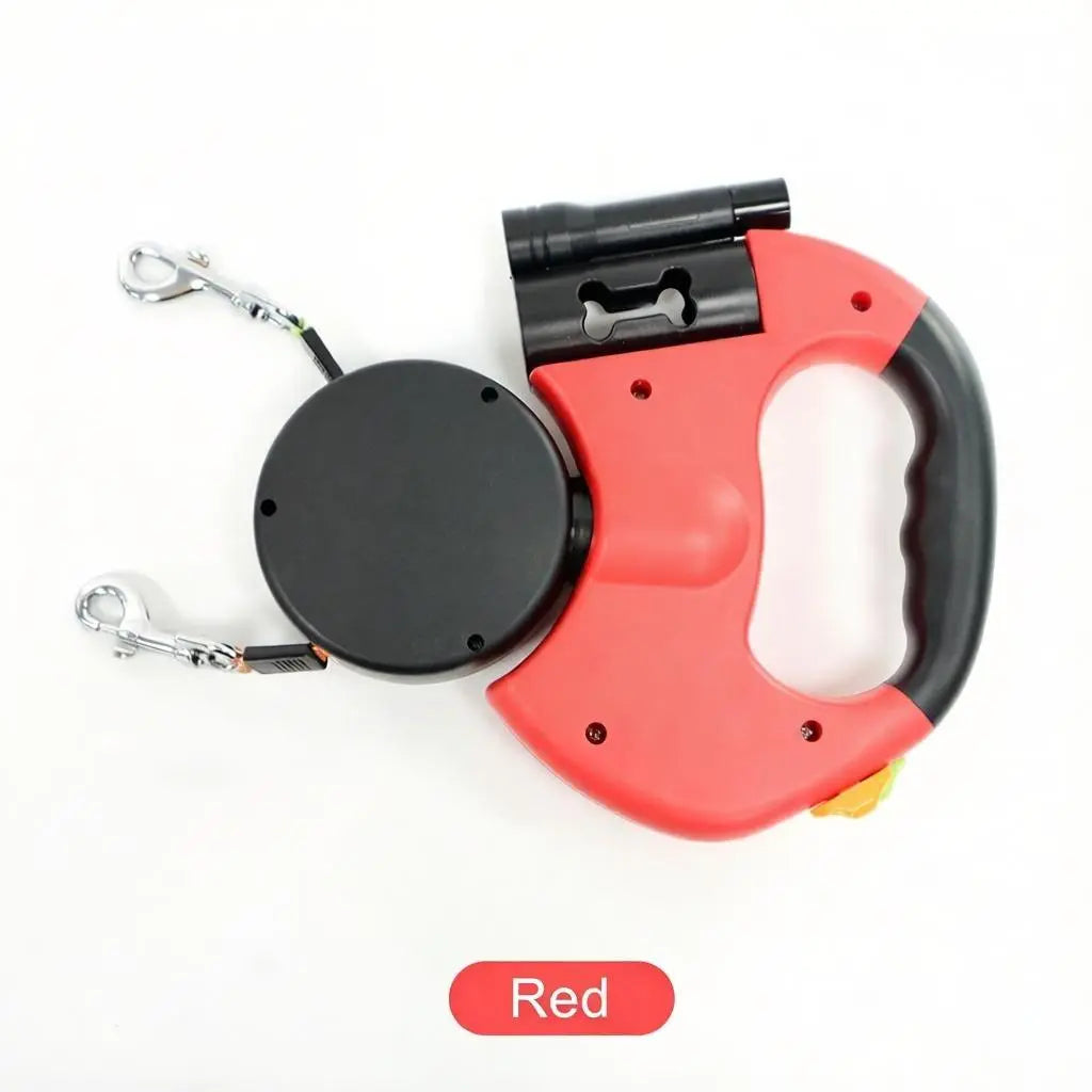 Retractable dual dog leash in red, ideal for walking two dogs safely